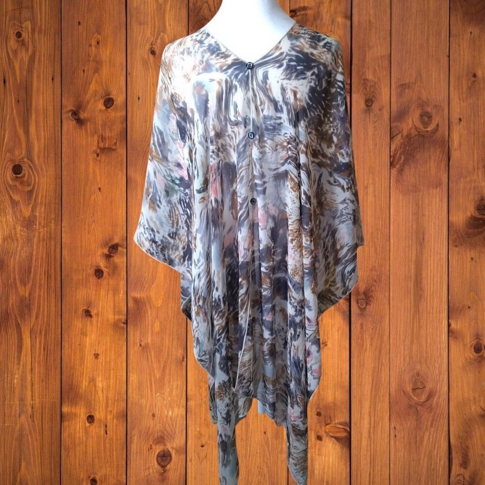 Sheer Floral Geometric Lightweight Cover Up Boho Button Accent - Picture 5 of 6